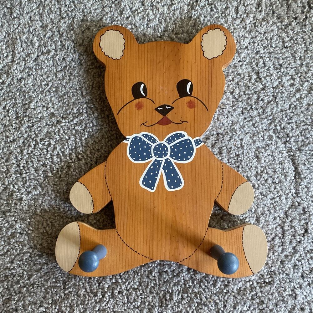 Vtg Teddy Bear Wall Hook Wooden Rack Hand Painted Nursery Decor Baby Boy Blue